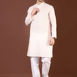 V-Mart Striped Mandarin Collar Thread Work Straight Kurta With Pyjama-picture-10