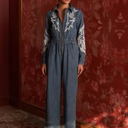 Style Island Shirt Collar Embroidered Denim Jumpsuit-image-57