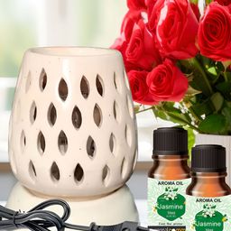 PEEPALCOMM 3-Pcs White & Green Ceramic Electric Diffuser With Jasmine AromaOil10ml Each-11