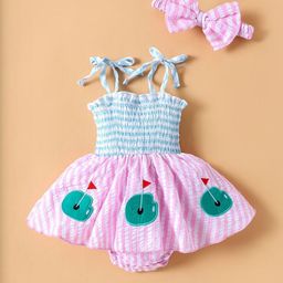 Hopscotch Girls Smocked Golf Course Onesie With Headband-picture-15