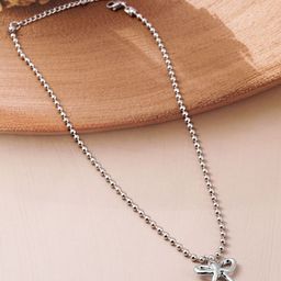 Rubans Rhodium Plated Silver Beaded Chain Necklace with Minimalist Bow Pendant-88