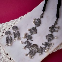 Sangria Oxidised Silver-Plated German Silver Barrat Inspired Necklace set with Beads Drop-67