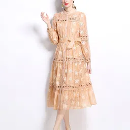 JC Collection Women Mandarin Collar Floral Embroidered Fit & Flare Midi Dress-image-61