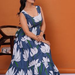 DECORIS Women Blue Striped Fit & Flare Midi Dress-picture-1