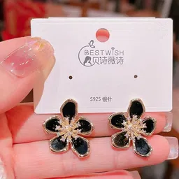 AKISON JEWELS Gold Plated Black Floral Studs Earrings-image-62