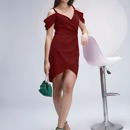 ZELZIS Maroon Sleeveless Polyester Dress Elegant Knee-Length Partywear-image-32