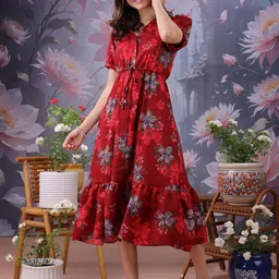 Moda Rapido Floral Printed Shirt Collar Fit & Flare Dress-image-62