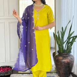 NIZA FASHION Women Embroidered Regular Chanderi Silk Kurta with Trousers & With Dupatta-picture-44
