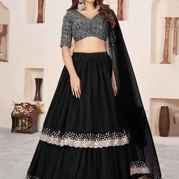 ETHNIC PLUS Embellished Sequinned Semi-Stitched Georgette Lehenga & Blouse With Dupatta-image-6