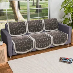 Aura Arabica Brown & White 6 Pieces Floral Printed 3 Seater Velvet Sofa Covers-image-95