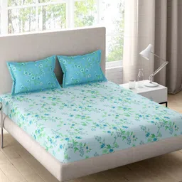 Portico Sparkle Turquoise Blue Floral Cotton 144 TC Double Queen Bedsheet Set-2.24mx2.54m-1