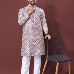 FoxDX Geometric Embroidered Mandarin Collar Pure Cotton Sequinned Straight Kurta-image-89