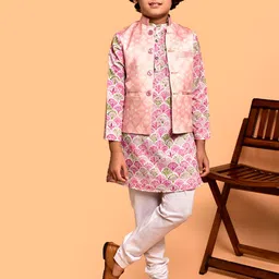 PRINTCULTR Boys Floral Printed Mandarin Collar Straight Kurta with Churidar & Nehru jacket-43