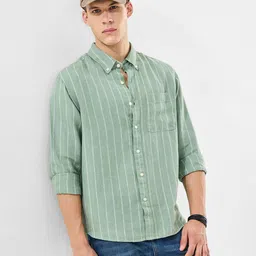 Snitch Vertical Striped Button-Down Collar Linen Casual Shirt-image-84