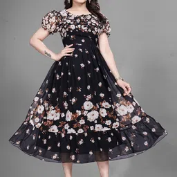 KRISHTI CREATION Floral Print Puff Sleeve Georgette Fit & Flare Maxi Dress-picture-17