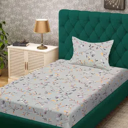 KLOTTHE Grey Floral 300 TC Single Bedsheet with 1 Pillow Covers-image-65
