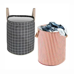 Aura 2-Pcs Grey & Maropon Checked Cotton Foldable Laundry Bags With Handle - 60L-24