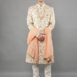 Manish Creations Embroidered Mandarin Collar Sherwani Set-picture-23