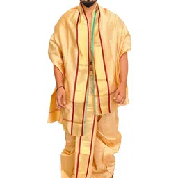 Exotic India Men Art Silk Ready to Wear Dhoti and Veshti Set with Woven Golden Border-image-82