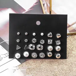 GOLDIWALA Set of 12 Silver-Plated Artificial Stone Studded Pearls Beaded Studs image 5