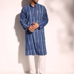 Fabindia Men Geometric Striped Flared Sleeves Thread Work Kurta-image-95