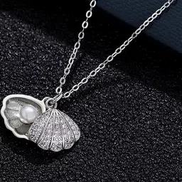 Silver AD Diamond/Nug Moti Pearl Sea Shell Pendant Locket Charm Necklace-image-49