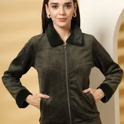 Juelle Women Shirt Collar Self Design Front-Open Sweatshirt-4