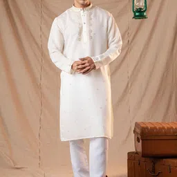 5 Stitch Ethnic Motifs Embroidered Band Collar Straight Kurta with Pyjamas-image-44