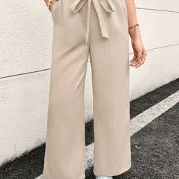 CORSICA Women Textured Self Design Relaxed Wide Leg High-Rise Flat-Front Korean Pants-18