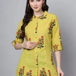 BAESD Floral Print Mandarin Collar Roll-Up Sleeves Ethnic Cotton Top-picture-22