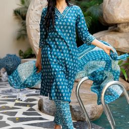 KALINI Women Turquoise Blue Pure Cotton Kurta Sets-image-81