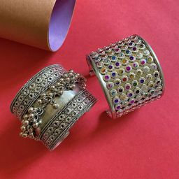 ATIBELLE Set of 2 German Silver-Plated Stone-Studded & Beaded Bangles-image-46
