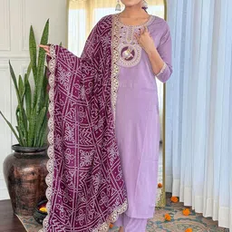 VARNI FABRICS Floral Embroidered Notch Neck Thread Work Kurta With Trousers And Dupatta-image-3