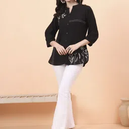 ARAVALII Embroidered Mandarin Collar Cotton Top-image-84