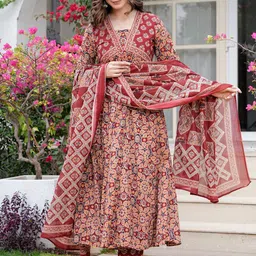 JAIMINI Women Floral Printed Layered Mirror Work Pure Cotton Kurta with Trousers & With Dupatta-picture-25