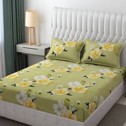 Bajo's Green & Yellow Floral Cotton 250 TC Fitted Queen Bedsheet With 2 Pillow Covers-image-32