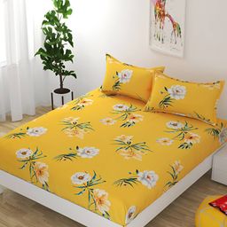 Bajo's Yellow Floral Printed Cotton 250 TC Fitted Queen Bedsheet with 2 Pillow Covers-image-67