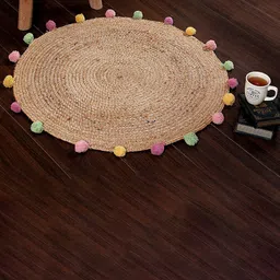 SASHAA WORLD Beige Braided Round Jute Floor Mat with pompoms-48