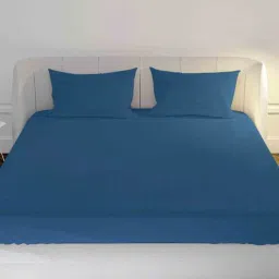 Blue Solid 144 TC Cotton King Size Bedsheet With 2 Pillow Covers by Mayfair Homes London-picture-46