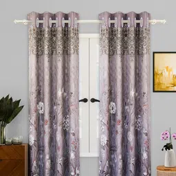 Myntra Elegant Homes Brown & Purple 2 Pieces Floral Printed Cotton Black Out Door Curtains-9