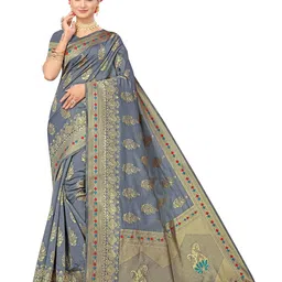 Maroosh Floral Zari Silk Blend Banarasi Saree with unstitched blouse piece-image-60
