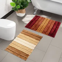 Aura Cream-Coloured & Red 2 Pieces Striped Microfibre Rectangle Anti-Skid Doormats-2