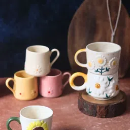 WEAVING HOMES White & Yellow 6 Pieces Printed Ceramic Glossy Cups 210ml-54