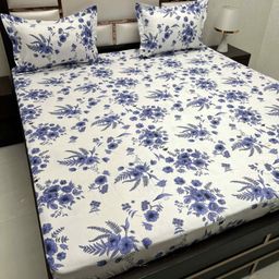 Pure Decor Blue & Blue Floral 330 TC Queen Bedsheet with 2 Pillow Covers-image-50