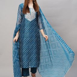 GoSriKi Leheriya Printed Straight Sequinned Kurta with Trousers & Dupatta-picture-0