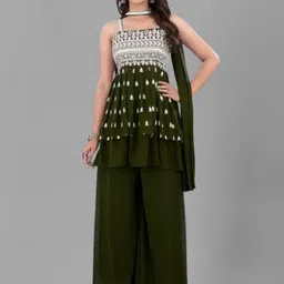 PARROT CREATION Floral Embroidered Georgette A-Line Kurti With Palazzos And Dupatta-13