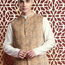 MANQ Ethnic Motifs Printed Sequinned Nehru Jacket image 5