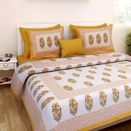 Aura White & Yellow Ethnic Motifs 144 TC Queen Bedsheet with 2 Pillow Covers-image-61