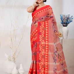 PuJoy Ethnic Motifs Woven Design Zari Pure Cotton Taant Saree-picture-14