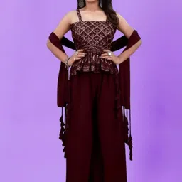 PARROT CREATION Floral Embroidered Georgette Shoulder Straps Kurti With Palazzos & Dupatta-image-86